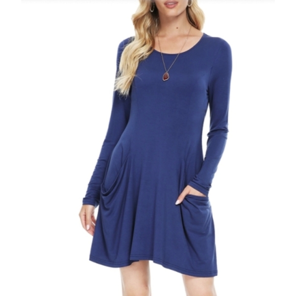 Simier Fariry Dresses & Skirts - Casual A Line Womens L Navy Dress with Front Pockets by Simier Fariry